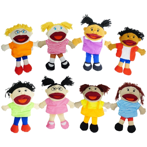 8 Hand Puppets for Kids, Multicultural Puppets with Movable Mouth Bulk Soft Plush Puppets, School Home Puppet T