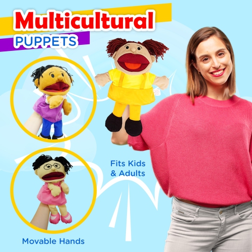 8 Hand Puppets for Kids, Multicultural Puppets with Movable Mouth Bulk Soft Plush Puppets, School Home Puppet T