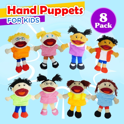 8 Hand Puppets for Kids, Multicultural Puppets with Movable Mouth Bulk Soft Plush Puppets, School Home Puppet T