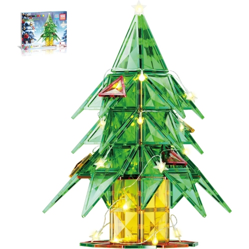 PICASSOTILES  106 Piece Magnetic Tiles Light Up Led Tree Holiday Theme Construction Magnet Building Blocks Set Stem Learn Kids love to build and play