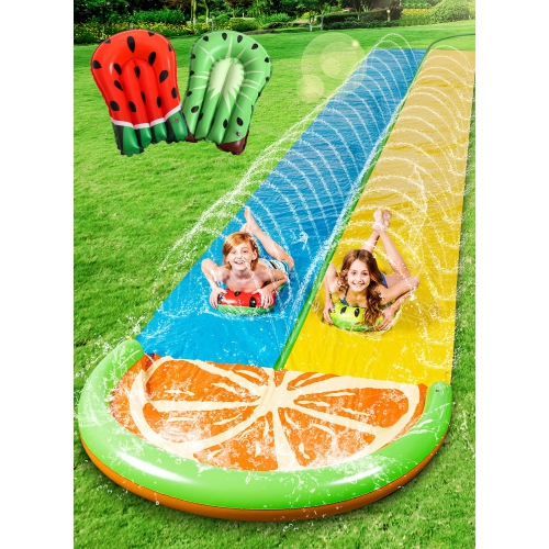 Sloosh 22.5ft Double Water Slides with 2 Body Boards Backyard Outdoor Slip Lawn Waterslide 2 Sliding Racing Lanes with S