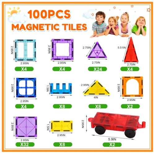Magnetic Tiles,100PCS Large Magnetic Blocks Toys for Toddlers Kids Age 3-5 4-6 8-10 8-13 STEM Educational Montessori Mag