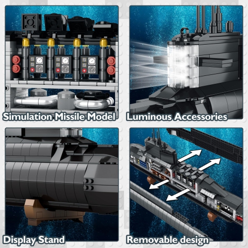 JMBricklayer Nuclear Submarine Building Sets - Military Submarine Toys with Lights, WW2 History Collectible Home Decor B