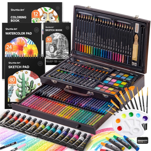 186 Piece Deluxe Art Set, Shuttle Art Art Supplies in Wooden Case, Painting Drawing Art Kit with Acrylic Paint Pencils O