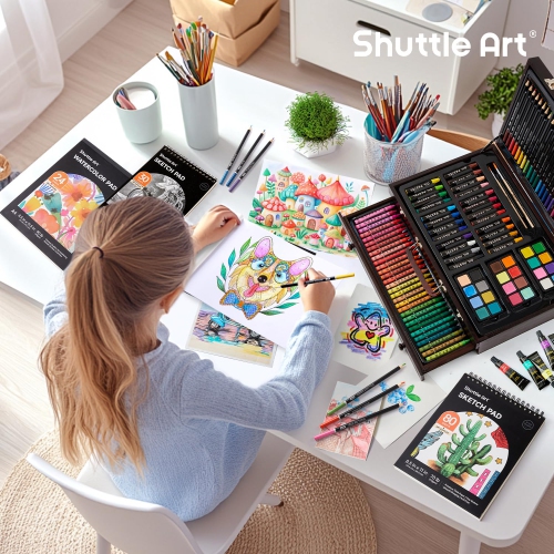 186 Piece Deluxe Art Set, Shuttle Art Art Supplies in Wooden Case, Painting Drawing Art Kit with Acrylic Paint Pencils O