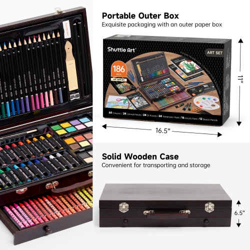 186 Piece Deluxe Art Set, Shuttle Art Art Supplies in Wooden Case, Painting Drawing Art Kit with Acrylic Paint Pencils O