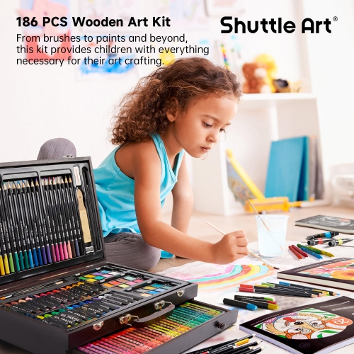 186 Piece Deluxe Art Set, Shuttle Art Art Supplies in Wooden Case, Painting Drawing Art Kit with Acrylic Paint Pencils O