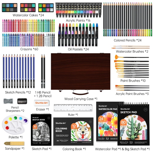 186 Piece Deluxe Art Set, Shuttle Art Art Supplies in Wooden Case, Painting Drawing Art Kit with Acrylic Paint Pencils O