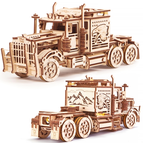 Wood Trick Big Rig Mechanical Toy Truck - 14x6? - Powerful Rubber Band Motor - Realistic Semi Truck Wooden Model Kit for