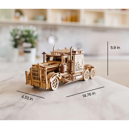 Wood Trick Big Rig Mechanical Toy Truck - 14x6? - Powerful Rubber Band Motor - Realistic Semi Truck Wooden Model Kit for