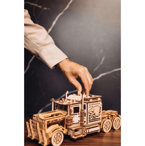 Wood Trick Big Rig Mechanical Toy Truck - 14x6? - Powerful Rubber Band Motor - Realistic Semi Truck Wooden Model Kit for