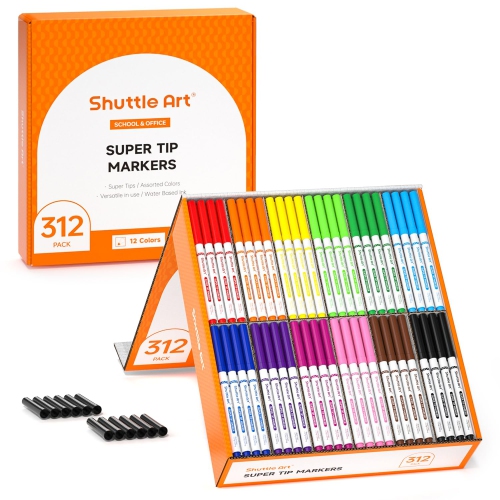 Shuttle Art – Paquet de 312 marqueurs lavables Super Tips, 12 couleurs variées, pointe conique, grand format, en vrac, boîte, en prime