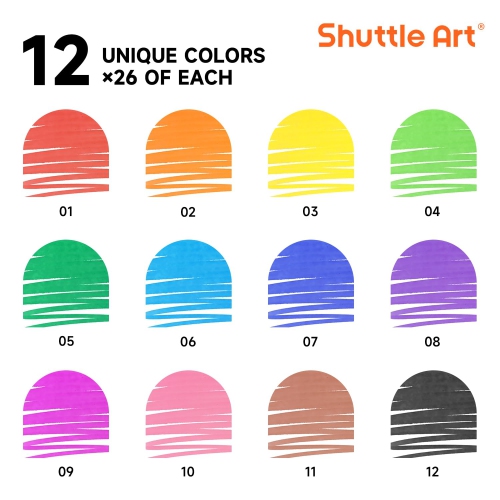 Shuttle Art – Paquet de 312 marqueurs lavables Super Tips, 12 couleurs variées, pointe conique, grand format, en vrac, boîte, en prime