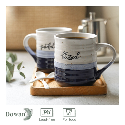 DOWAN 18 oz Coffee Mugs, Large Mugs with Word Blessed Grateful, Porcelain Coffee Cup, Thank You Gift for Women Men Christian, Set of 2