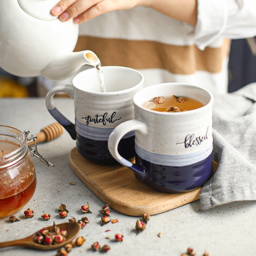 DOWAN 18 oz Coffee Mugs, Large Mugs with Word Blessed Grateful, Porcelain Coffee Cup, Thank You Gift for Women Men Christian, Set of 2