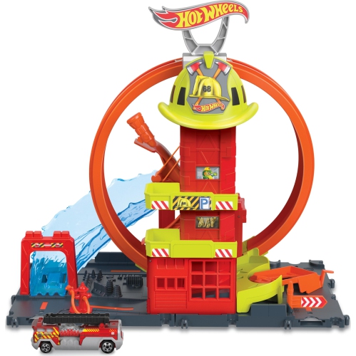 Hot Wheels Toy Car Track Set City Super Loop Fire Station & 1:64 Scale Firetruck, Connects to Other Sets
