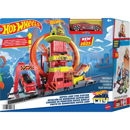 Hot Wheels Toy Car Track Set City Super Loop Fire Station & 1:64 Scale Firetruck, Connects to Other Sets