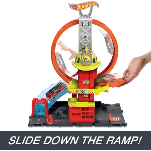 Hot Wheels Toy Car Track Set City Super Loop Fire Station & 1:64 Scale Firetruck, Connects to Other Sets