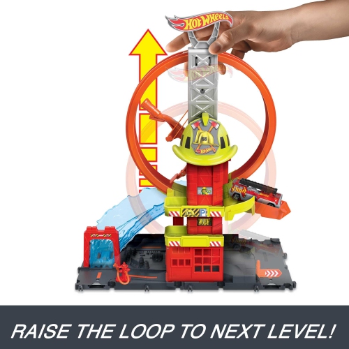 Hot Wheels Toy Car Track Set City Super Loop Fire Station & 1:64 Scale Firetruck, Connects to Other Sets