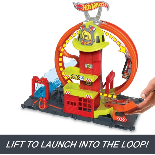 Hot Wheels Toy Car Track Set City Super Loop Fire Station & 1:64 Scale Firetruck, Connects to Other Sets