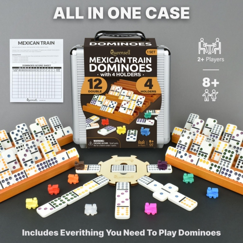 Mexican Train Dominoes Set with 4 Holders - Dominoes Double 12 with Wooden Hub and Tiles Holders - Double 12 Dominos Set