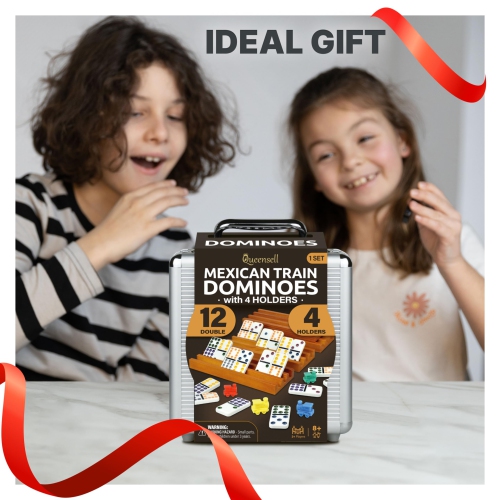 Mexican Train Dominoes Set with 4 Holders - Dominoes Double 12 with Wooden Hub and Tiles Holders - Double 12 Dominos Set