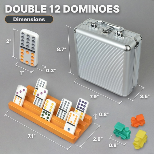 Mexican Train Dominoes Set with 4 Holders - Dominoes Double 12 with Wooden Hub and Tiles Holders - Double 12 Dominos Set