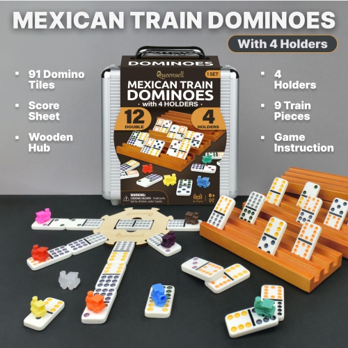 Mexican Train Dominoes Set with 4 Holders - Dominoes Double 12 with Wooden Hub and Tiles Holders - Double 12 Dominos Set