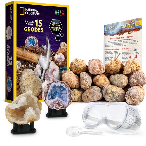 NATIONAL GEOGRAPHIC - Break Open 15 Premium Geodes with Goggles, Learning Guide, 3 Display Stands, Great Science Kit, St