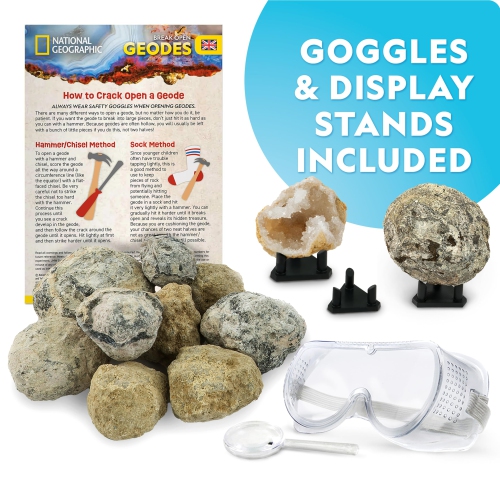 NATIONAL GEOGRAPHIC - Break Open 15 Premium Geodes with Goggles, Learning Guide, 3 Display Stands, Great Science Kit, St