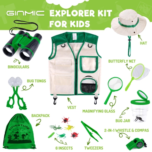 GINMIC Kids Explorer Kit & Bug Catching Kit, 16 Pcs Outdoor Exploration Kit for Kids Camping with Binoculars, Adventure,