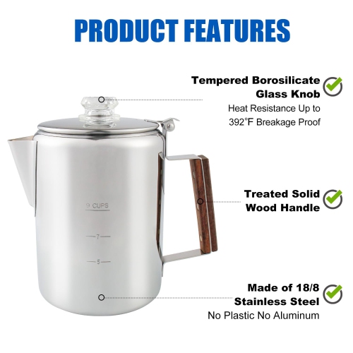 APOXCON Coffee Percolator, Stainless Steel Camping Coffee Pot, Percolator Coffee Maker for Camping Outdoor Traveling Sto