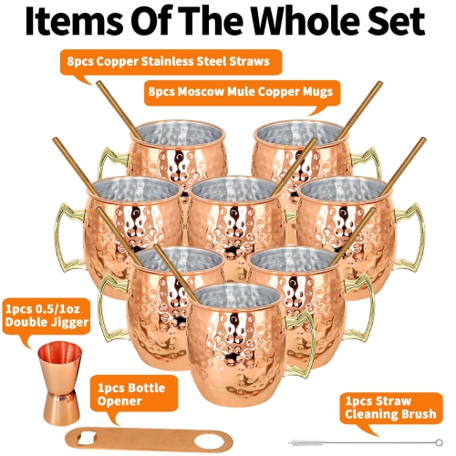 Copper Moscow Mule Mugs 18oz Set of 8 Plated Stainless Steel Copper Mule Mug Moscow Mule Cups Perfect for Cold Drink Coc