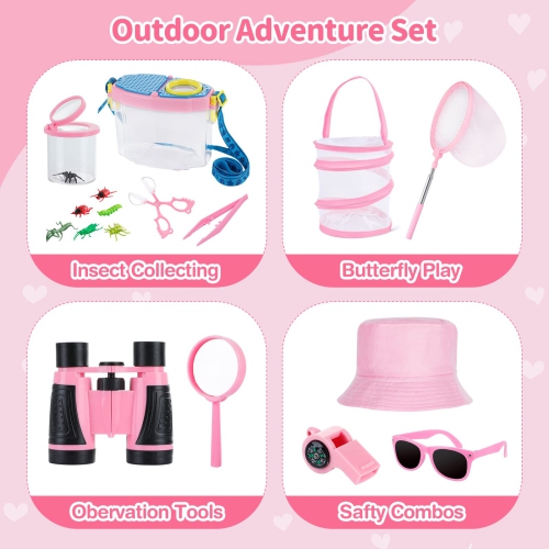 GIFTINBOX Outdoor Explorer Kit & Bug Catcher Kit for Kids with Hat, Binocular, Butterfly Net, Whistle with Compass, Magn
