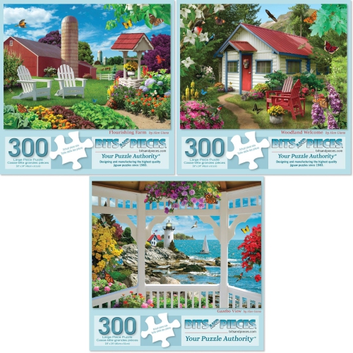 BITS AND PIECES  - Value Set Of Three (3) - 300 Piece Jigsaw Puzzles for Adults - Large Piece 300 PC Colorful Nature Jigs