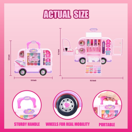 Barbie Van Makeup Kit for Girls, Real Washable Toy Makeup Set, Barbie Gift, Play Makeup and Pretend Play Toys Ages 6 7 8