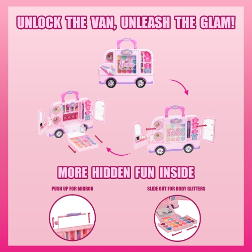 Barbie Van Makeup Kit for Girls, Real Washable Toy Makeup Set, Barbie Gift, Play Makeup and Pretend Play Toys Ages 6 7 8