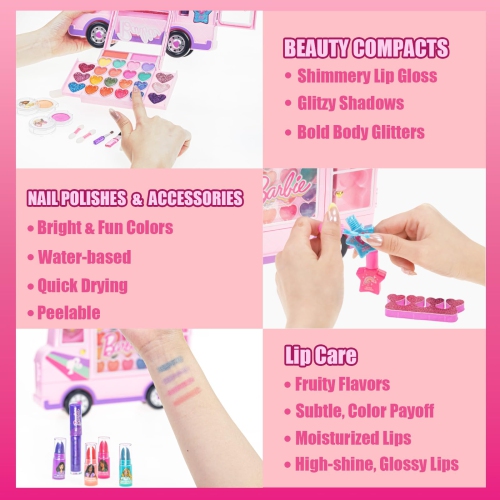 Barbie Van Makeup Kit for Girls, Real Washable Toy Makeup Set, Barbie Gift, Play Makeup and Pretend Play Toys Ages 6 7 8