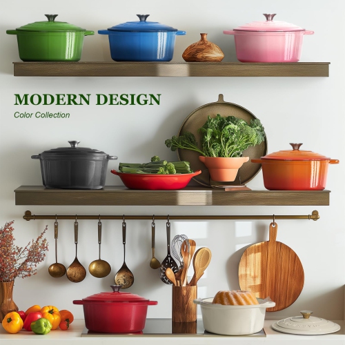 Overmont Enameled Cast Iron Dutch Oven - 7QT Cookware with Cookbook Cotton Heat-resistant Caps - Heavy-Duty Enamel Pot w