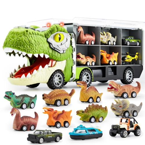 JOYIN 13 in 1 Dinosaur Truck Toys for Kids 3-5, 12 Pull Back Dinosaur Vehicles, Transport Carrier Truck, Music & Roaring