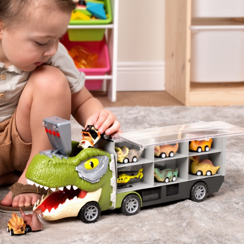 JOYIN 13 in 1 Dinosaur Truck Toys for Kids 3-5, 12 Pull Back Dinosaur Vehicles, Transport Carrier Truck, Music & Roaring