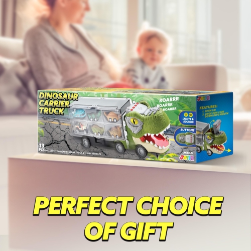 JOYIN 13 in 1 Dinosaur Truck Toys for Kids 3-5, 12 Pull Back Dinosaur Vehicles, Transport Carrier Truck, Music & Roaring