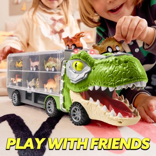 JOYIN 13 in 1 Dinosaur Truck Toys for Kids 3-5, 12 Pull Back Dinosaur Vehicles, Transport Carrier Truck, Music & Roaring