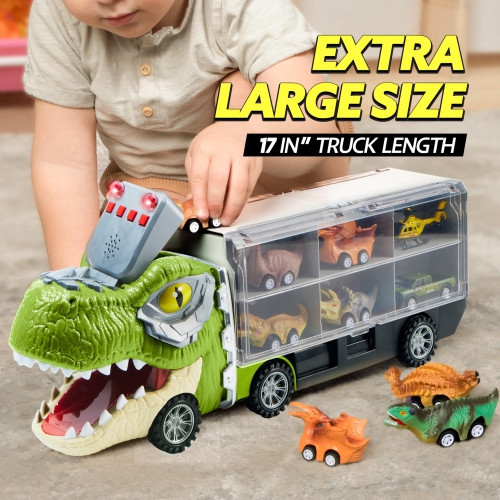 JOYIN 13 in 1 Dinosaur Truck Toys for Kids 3-5, 12 Pull Back Dinosaur Vehicles, Transport Carrier Truck, Music & Roaring