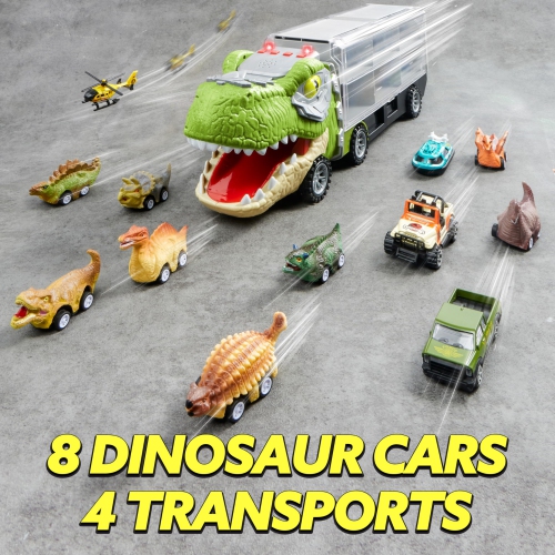 JOYIN 13 in 1 Dinosaur Truck Toys for Kids 3-5, 12 Pull Back Dinosaur Vehicles, Transport Carrier Truck, Music & Roaring