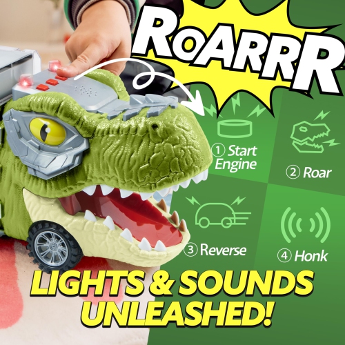 JOYIN 13 in 1 Dinosaur Truck Toys for Kids 3-5, 12 Pull Back Dinosaur Vehicles, Transport Carrier Truck, Music & Roaring