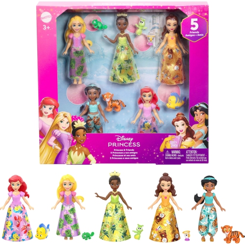 Mattel Disney Princess & Friends Set with 5 Posable Small Dolls in Removable Skirts or Pants & 5 Friend Figures, Inspire