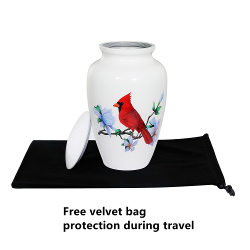 ICOKEE Adult Urn for Human Ashes, Red Cardinal Cremation Urn, White Funeral Urn, Decorative Urn, Burial Urn, Large Memor