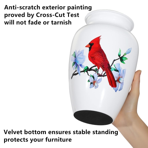ICOKEE Adult Urn for Human Ashes, Red Cardinal Cremation Urn, White Funeral Urn, Decorative Urn, Burial Urn, Large Memor
