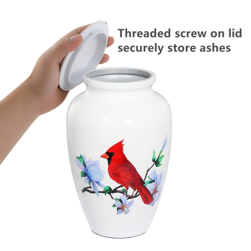 ICOKEE Adult Urn for Human Ashes, Red Cardinal Cremation Urn, White Funeral Urn, Decorative Urn, Burial Urn, Large Memor